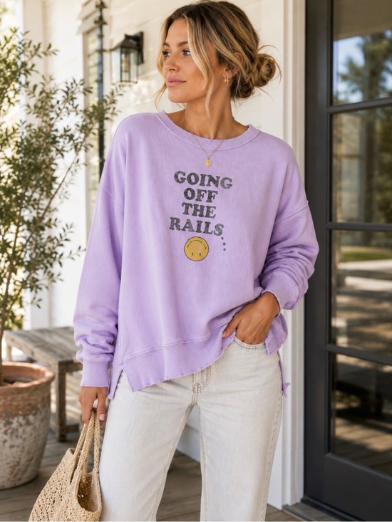 aerie Tops - Aerie Going Off The Rails Smiley Graphic Oversized Sweatshirt Medium Lilac